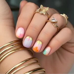 24 Piece Pastel Flower Gel Multicolour Press On Nail Set. New.